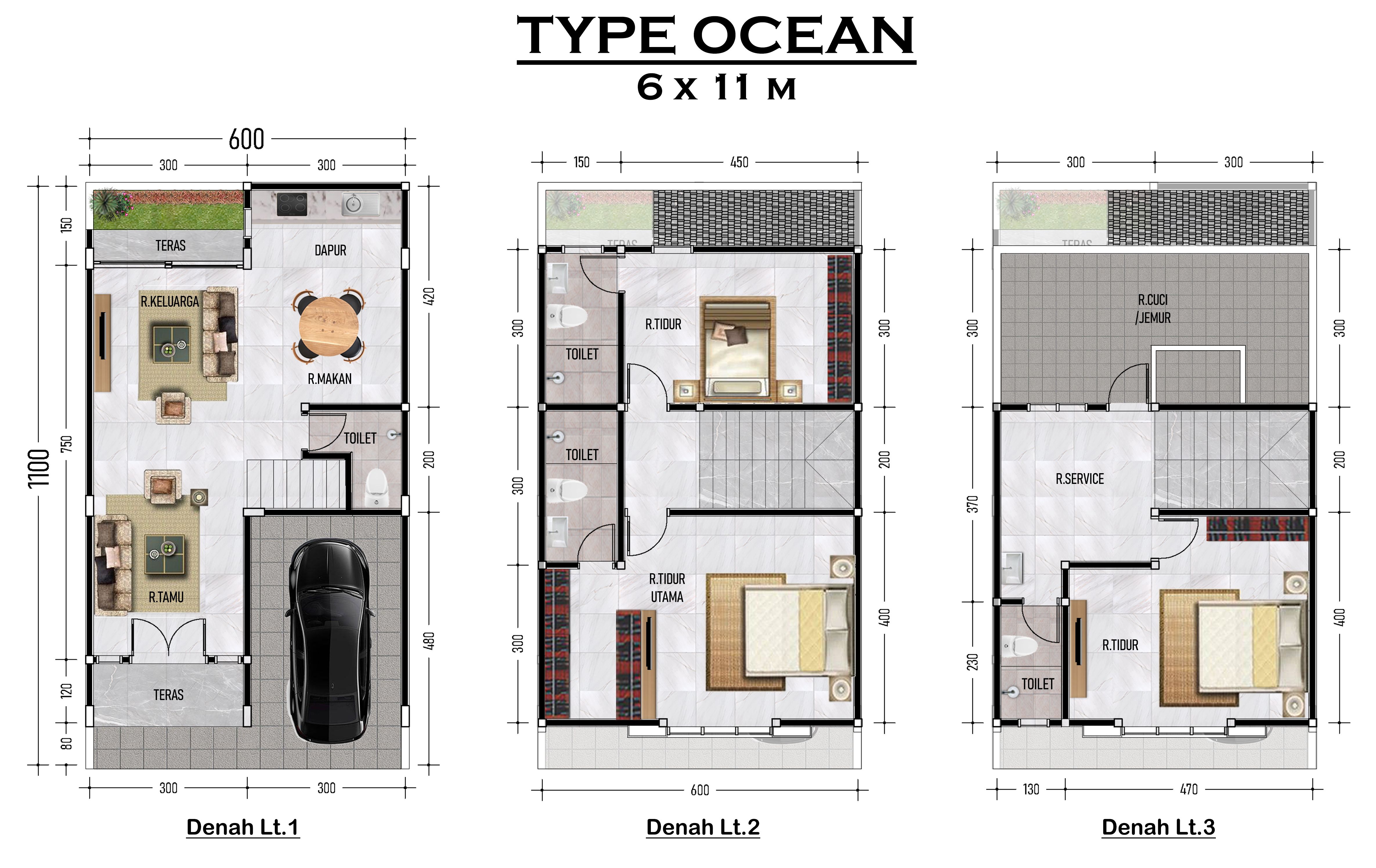 Denah Type Ocean 6 × 11 m, lantai 1 sampai 3