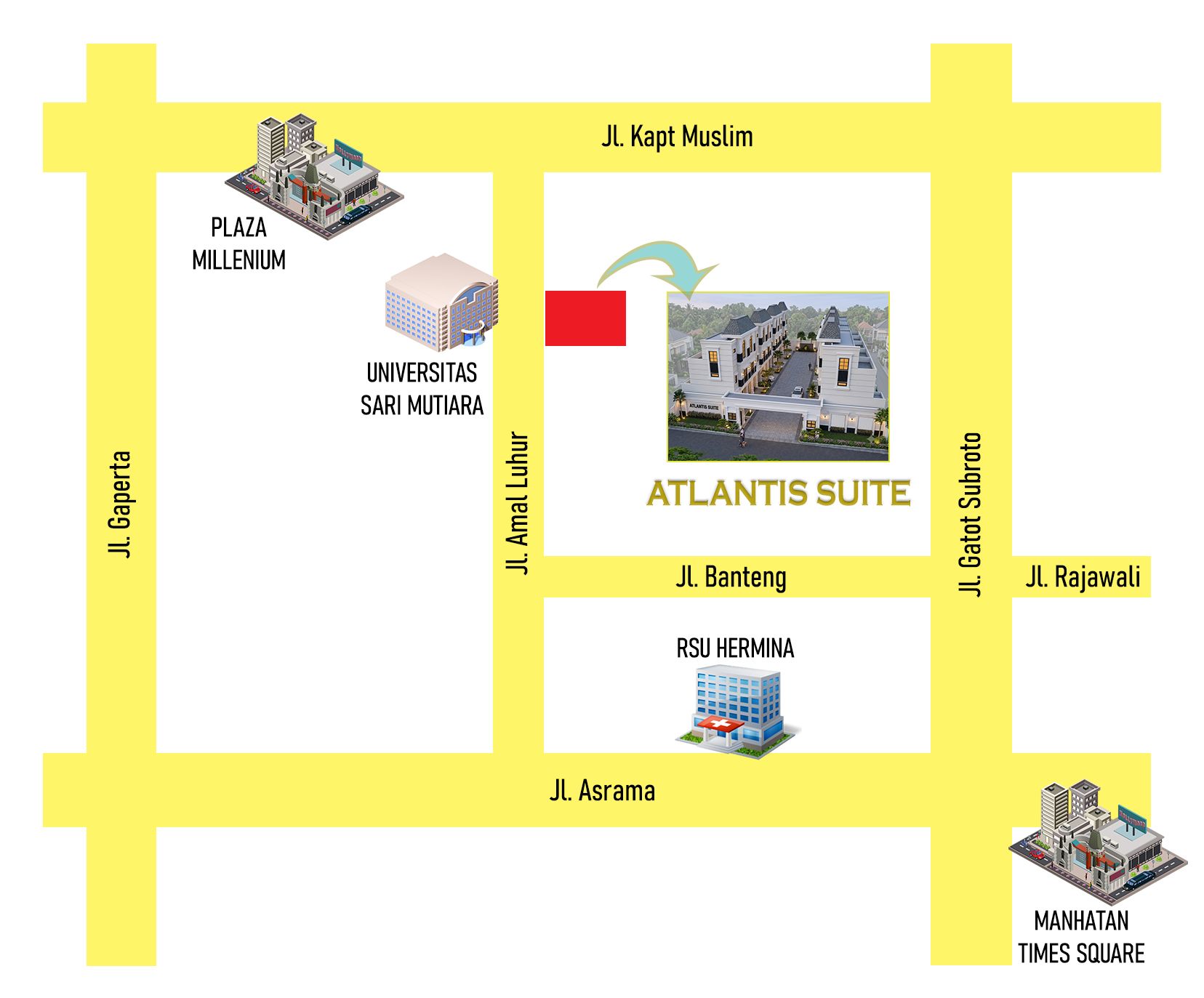 Peta lokasi Atlantis Suite di Jl. Amal Luhur, dekat Universitas Sari Mutiara, Plaza Millenium, RSU Hermina, dan Manhattan Times Square