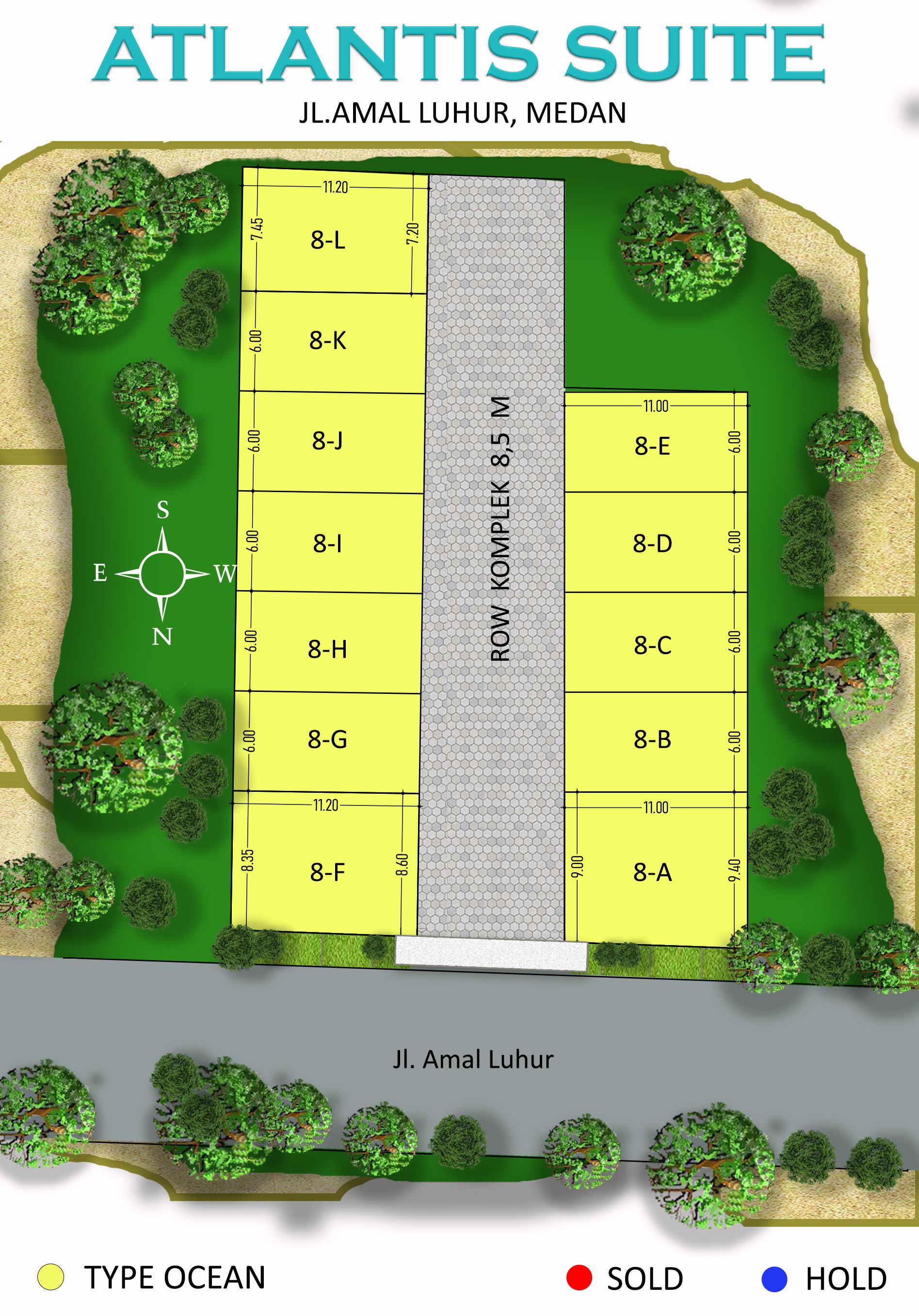 Siteplan Atlantis Suite: unit 8A sampai 8L di dua sisi jalan komplek 8,5 m, menghadap Jl. Amal Luhur, Medan